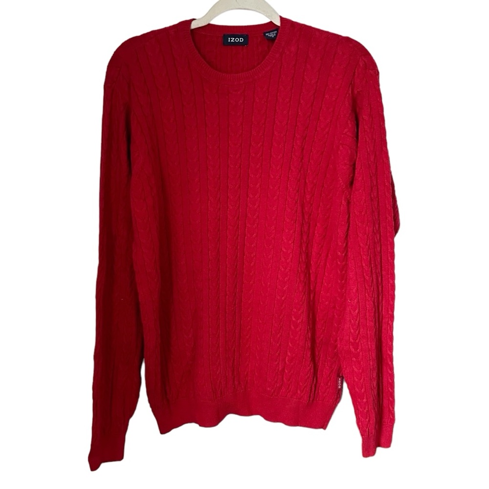 Izod Men's Sz M Red Sweater Crew Neck Cable Knit Pullover Made In Hong Kong